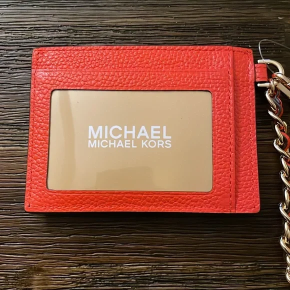 Michael Kors Small Pebbled Leather Chain Card Case Optic Orange NWT - Picture 6 of 10